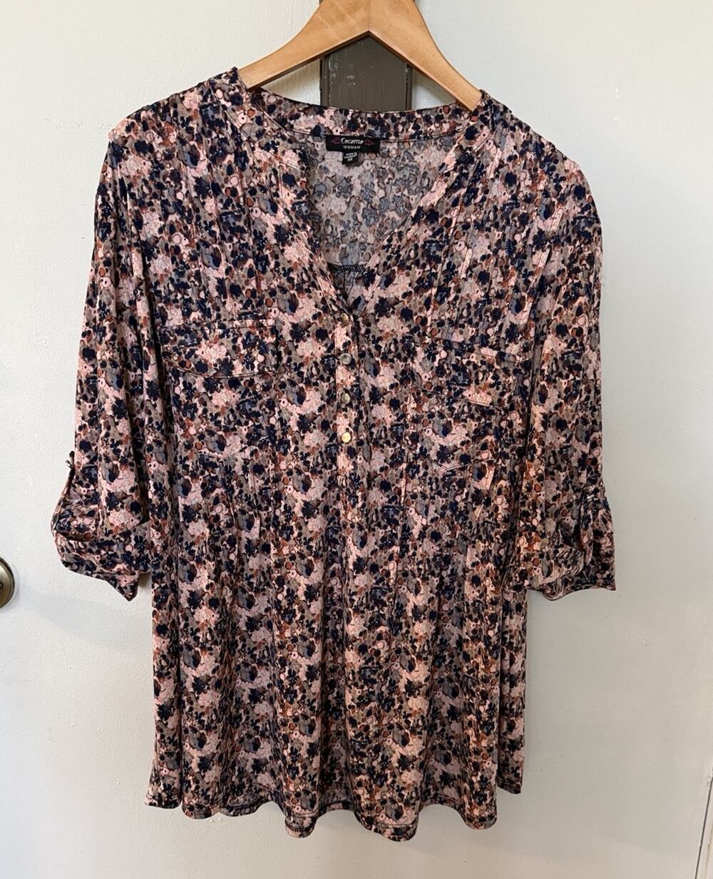 Cocomo Woman Plus 3X Multicolor Artsy Tunic Blouse 3/4 Sleeve Pleated Top